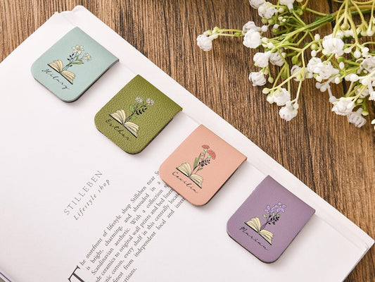 Name Bookmark with Birth Flower,Custom Leather Birth Flower Bookmark